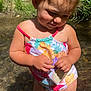 toddler, child, water, stream, swimsuit, pigtails, outdoor, nature, sunlight, grass, barefoot, cute, summer, playful, baby, person, skin, happy, young_child, sunny