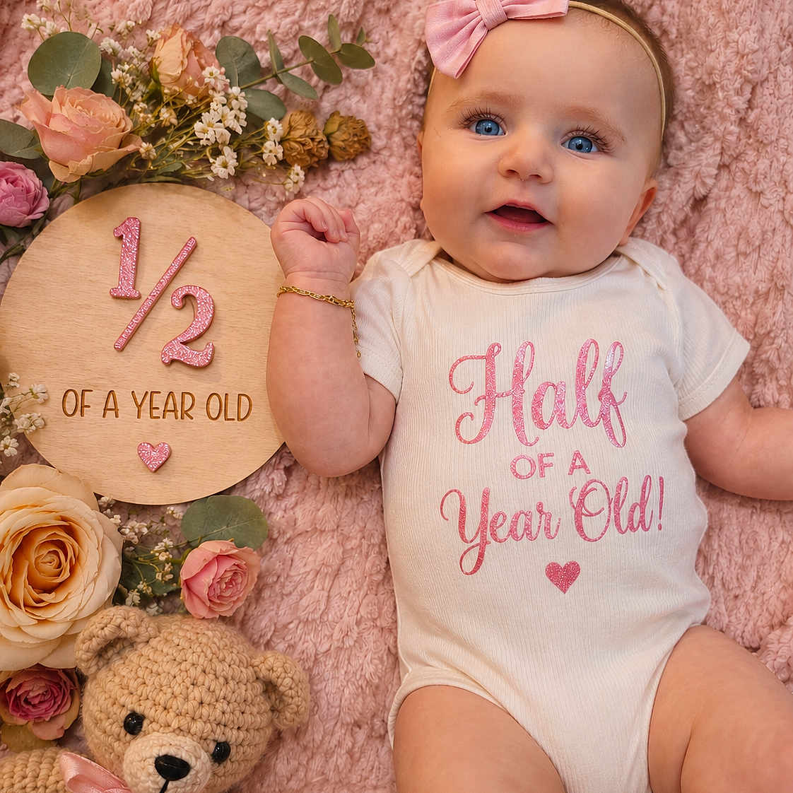 Elianna joined the competition — help win amazing prizes! baby, infant, child, portrait, smiling, blue_eyes, pink_blanket, hair_bow, white_onesie, milestone_photo, six_months, flowers, rose, bouquet, teddy_bear, wooden_sign, indoor, lying_down, pastel, birthday