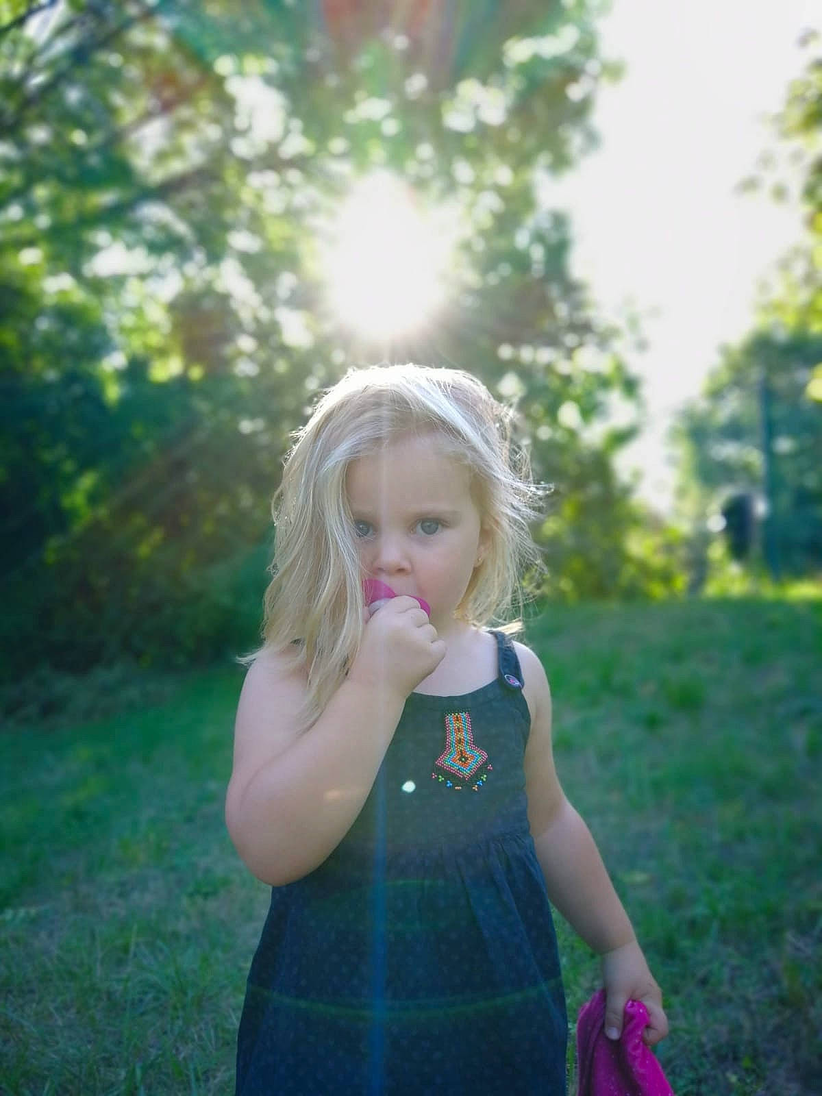 Eléna a rejoint le concours — aidez-le/la à gagner de superbes lots ! baby_toddler_clothing, blond, child, flash_photography, forest, fun, grass, hand, happy, leaf, lens_flare, magenta, meadow, people_in_nature, person, plant, sky, summer, sunlight, toddler