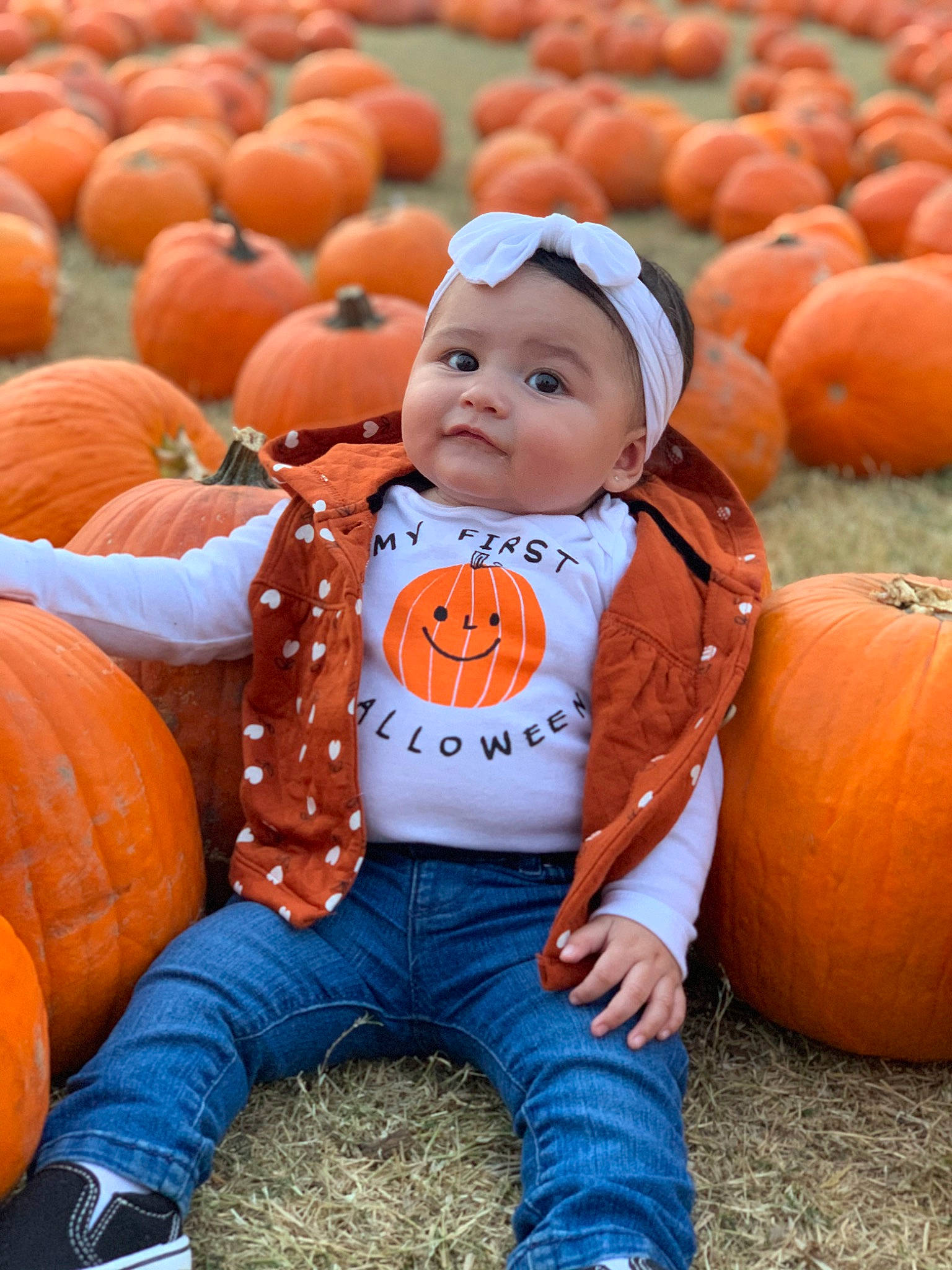 Jaylene joined the competition — help win amazing prizes! baby, baby_toddler_clothing, calabaza, cucurbita, facial_expression, gourd, grass, happy, headwear, local_food, natural_foods, orange, people_in_nature, person, plant, pumpkin, smile, squash, toddler, vegetable