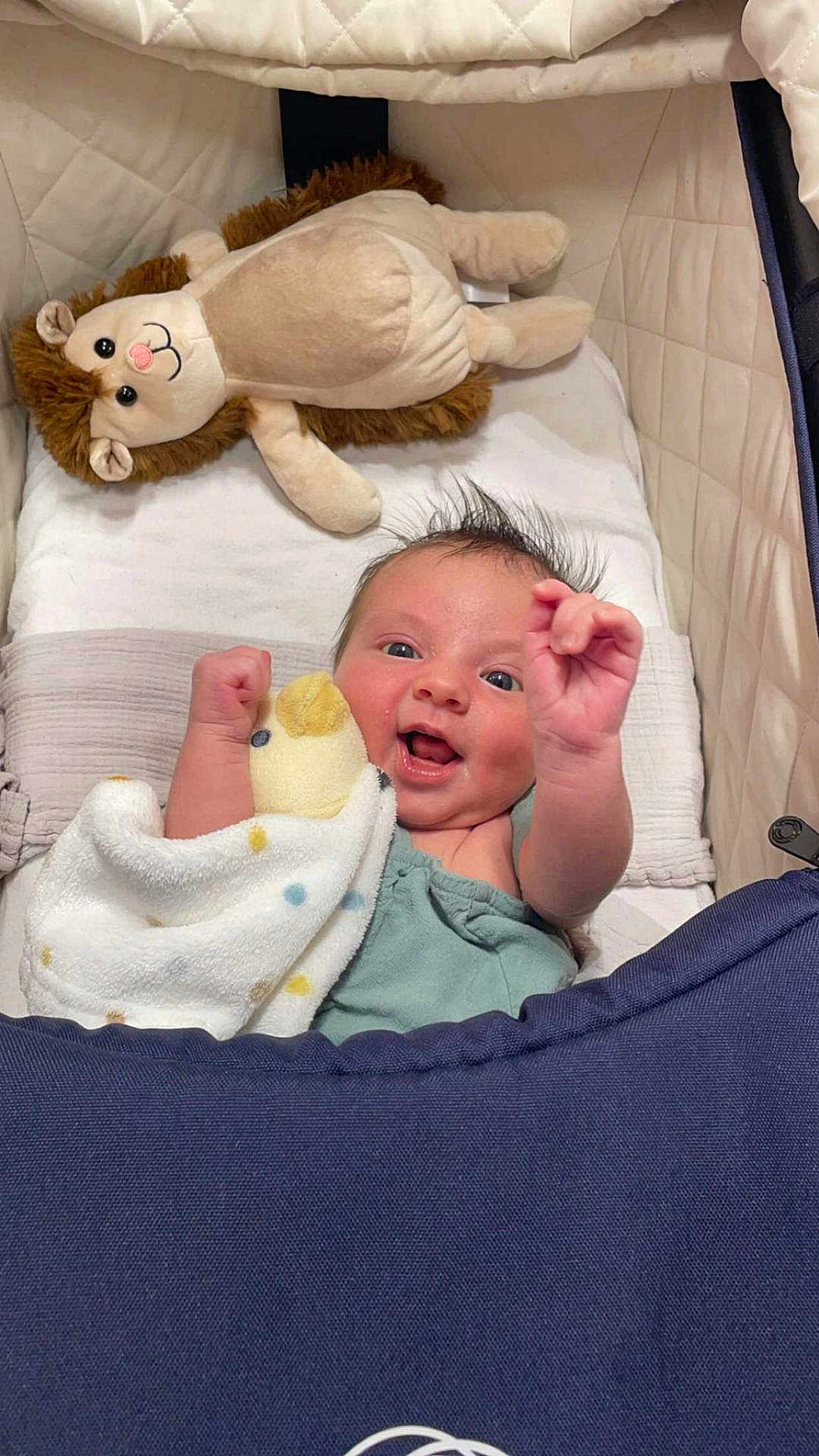May joined the competition — help win amazing prizes! baby, bed, blanket, couch, cradle, crib, cushion, face, furniture, head, homedecor, indoors, infantbed, newborn, person, photography, plush, portrait, teddybear, toy