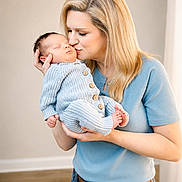 Hunter joined the competition — help win amazing prizes! mother, newborn, baby, kiss, love, blue_clothing, onesie, wooden_buttons, indoor, floor, woman, holding, affection, casual_wear, portrait, family, tenderness, skin, blonde_hair, peaceful