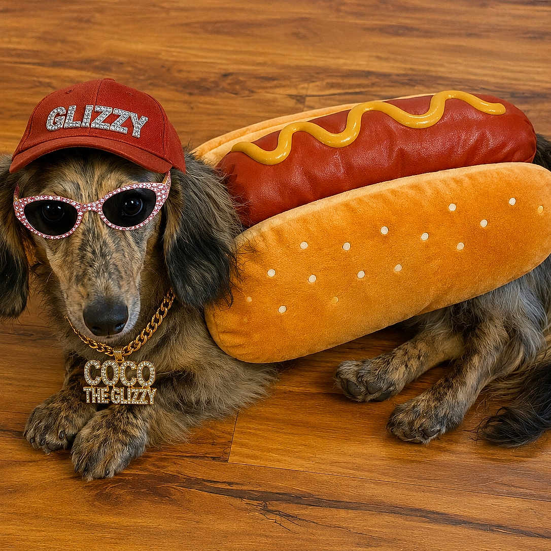 Coco Bean joined the competition — help win amazing prizes! dog, dachshund, hot_dog, costume, pet, animal, sunglasses, baseball_cap, red_hat, gold_chain, collar, long_hair, brown_fur, lying_down, wooden_floor, indoor, food_costume, funny, portrait, glamorous