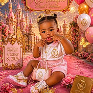 Khalaya is registered to the contest to win money with this photo: balloons, birthday, castle, celebration, child, decorations, festive, fireworks, flowers, gift_box, golden_butterflies, handbag, jewelry, pink_carpet, portrait, princess, royalty, smiling, sneakers, toddler