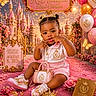 balloons, birthday, castle, celebration, child, decorations, festive, fireworks, flowers, gift_box, golden_butterflies, handbag, jewelry, pink_carpet, portrait, princess, royalty, smiling, sneakers, toddler