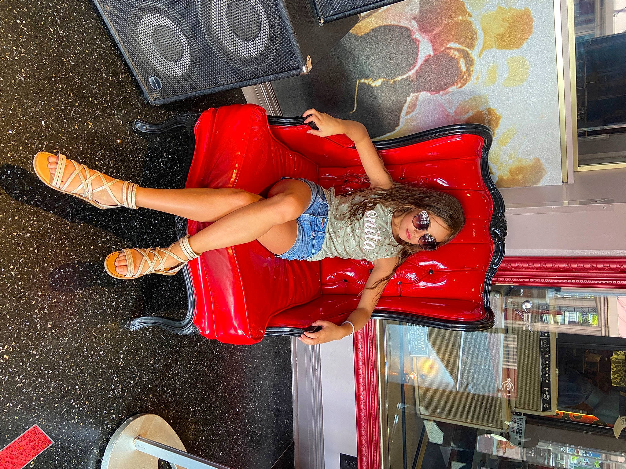 Avalee is registered to the contest to win money with this photo: carmine, costume, dress, fun, human_leg, knee, leg, machine, person, room, sandal, shorts, sports_uniform, sportswear, thigh