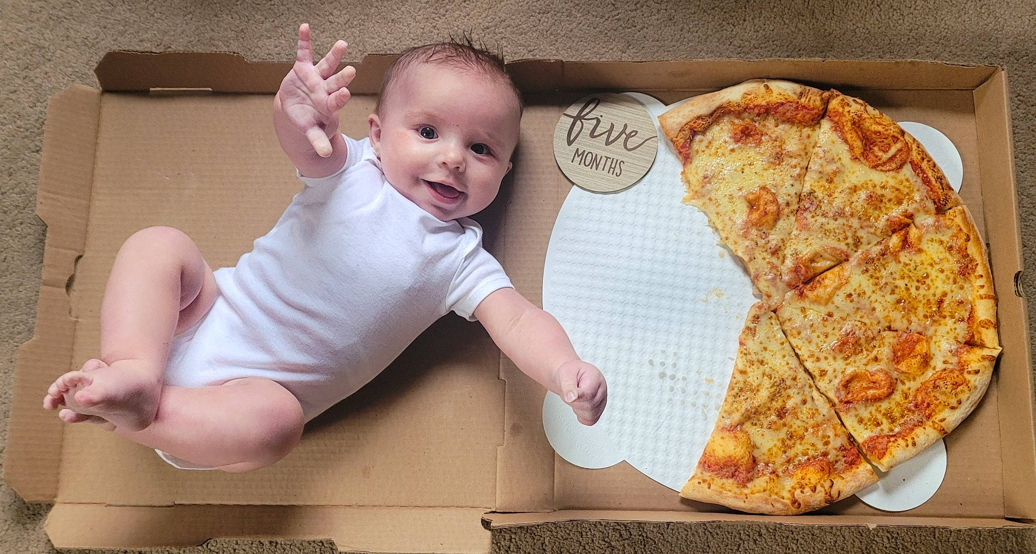 Tyson is registered to the contest to win money with this photo: baby, baby_toddler_clothing, california_style_pizza, comfort_food, finger_food, food, gluten, happy, ingredient, joy, junk_food, person, pizza, pizza_cheese, plate, produce, recipe, sleeve, smile, t_shirt