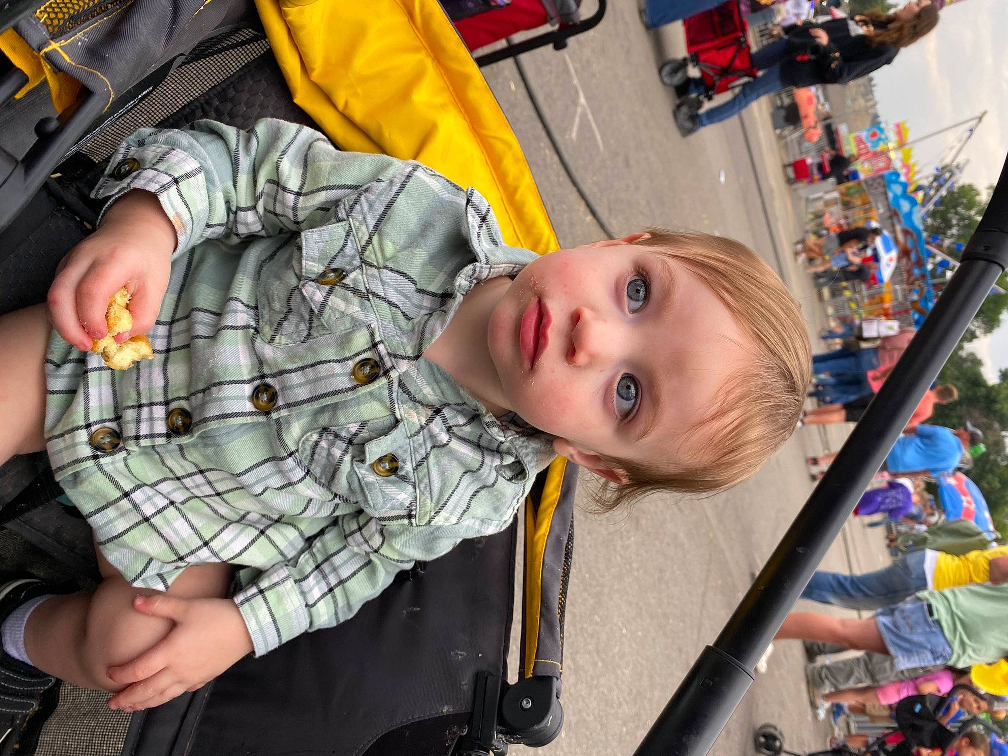 Pepper joined the competition — help win amazing prizes! baby, baby_products, blurred, child, city, event, facial_expression, fun, happy, leisure, motor_vehicle, pattern, person, plaid, product, recreation, sitting, toddler, tree, vacation