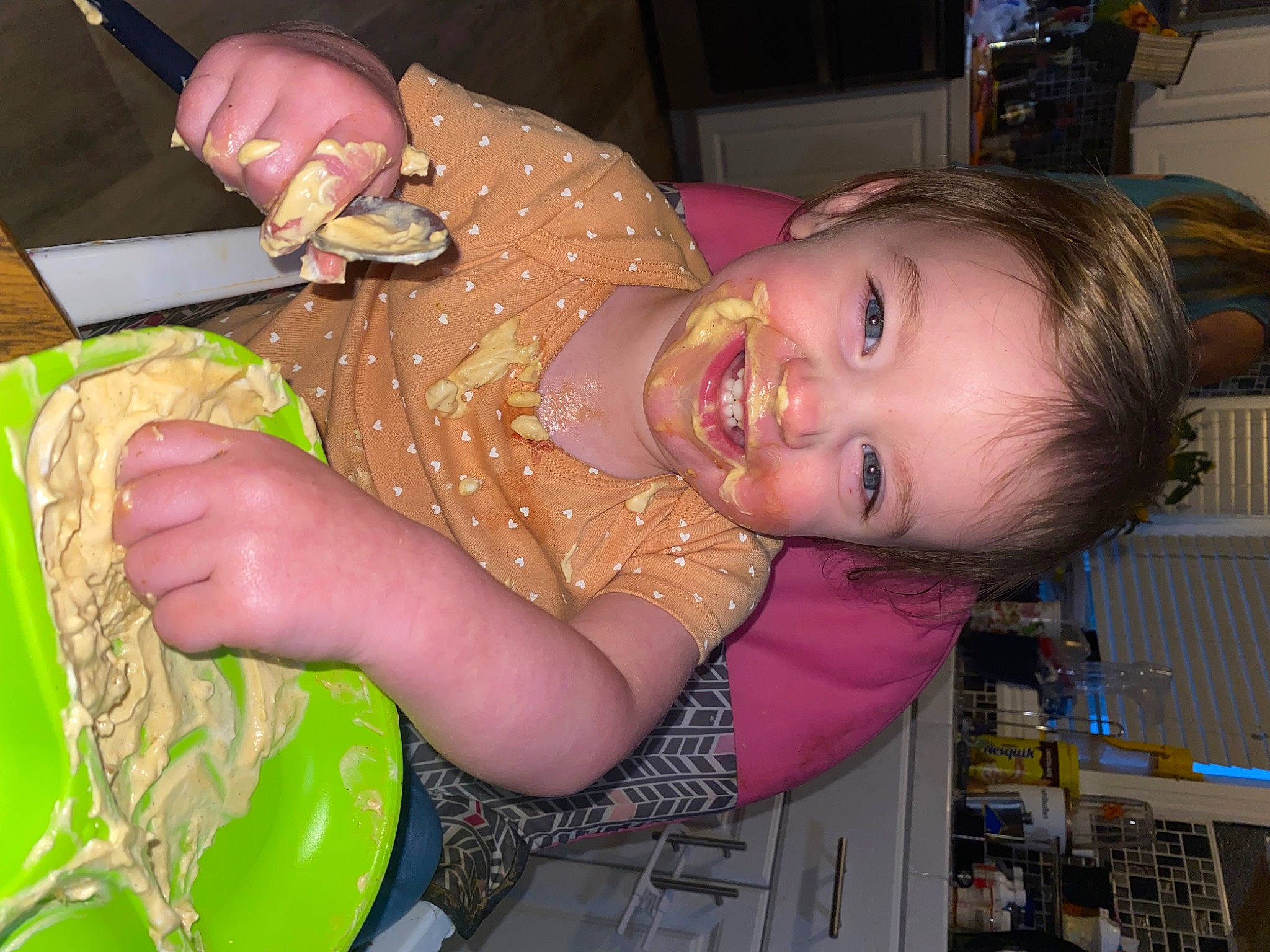 Pepper is registered to the contest to win money with this photo: baby, child, event, facial_expression, finger, food, fun, hairstyle, happy, human_body, joy, mouth, nose, party, pattern, person, python, skin, smile, tableware