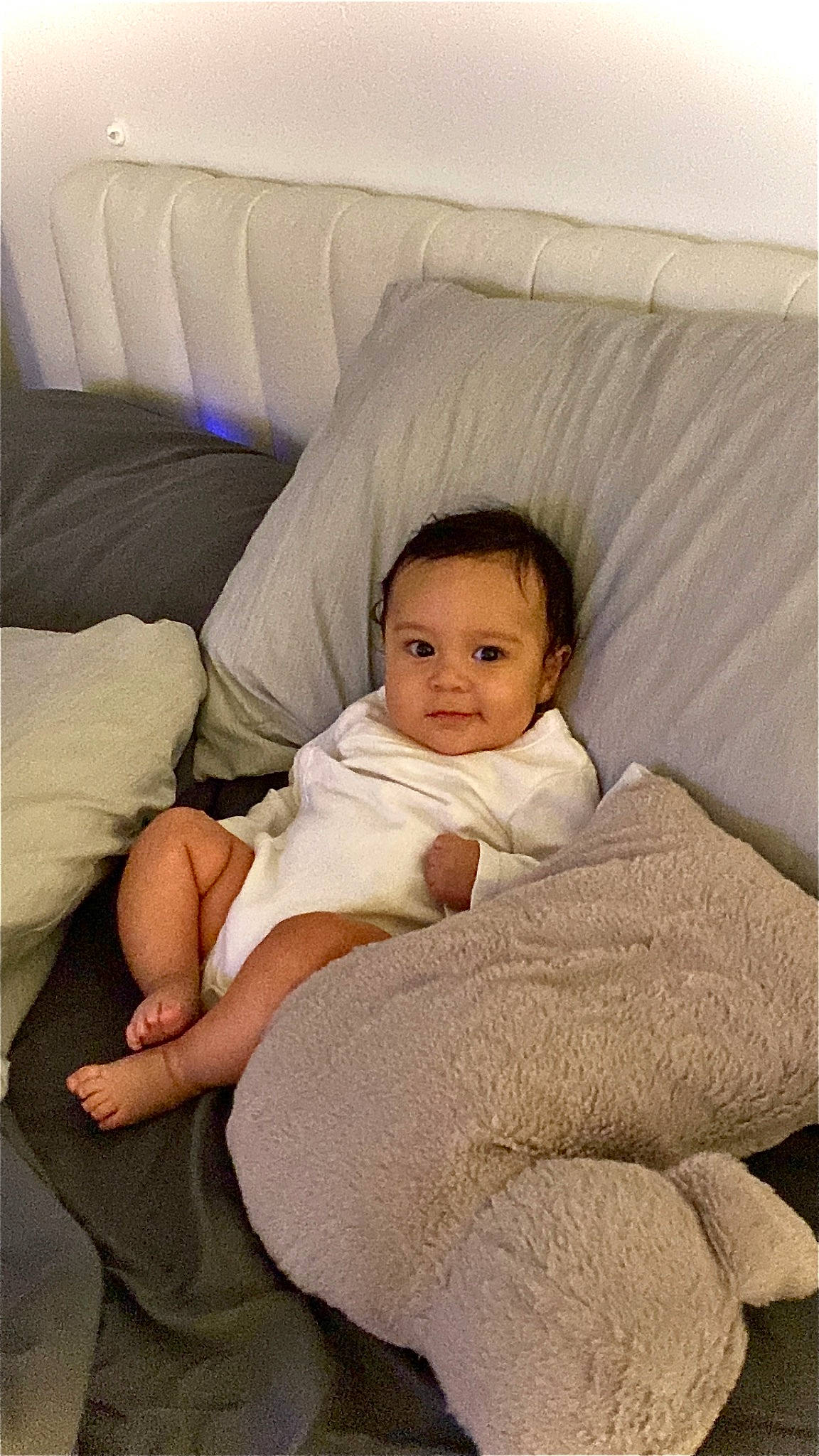 Brandon is registered to the contest to win money with this photo: baby, baby_toddler_clothing, cheek, child, comfort, couch, eye, face, fur, head, human_leg, linens, person, room, sitting, sleeve, textile, thigh, throw_pillow, toddler