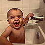 baby, bathtub, bathroom, child, faucet, smiling, water, tiles, happy, tub, skin, hand, face, mouth, teeth, head, arm, indoor, person, cleaning