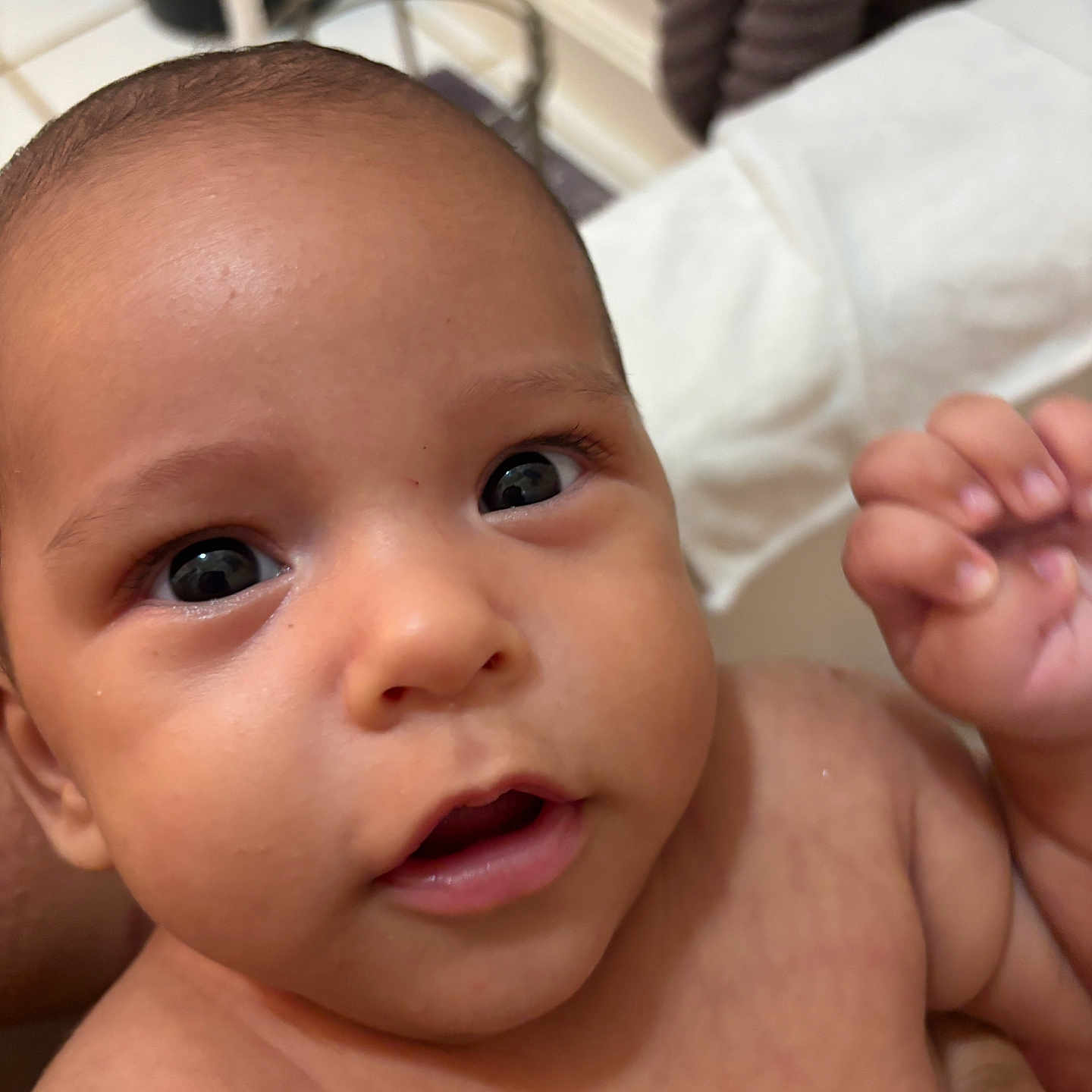 Xion joined the competition — help win amazing prizes! baby, baby_skin, bathroom, child, closeup, curious, cute, expression, eyes, face, hand, human, indoor, infant, newborn, person, portrait, skin, towel, young