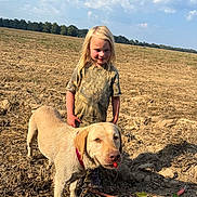 Delta Dawn is registered to the contest to win money with this photo: blond_hair, child, clouds, collar, dirt, dog, field, harvested_field, labrador, leash, outdoors, rural, shadow, sky, smile, standing, sunlight, training_toy, trees, tshirt