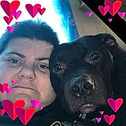 Shadow joined the competition — help win amazing prizes! person, dog, face, selfie, hearts_sticker, close_up, indoor, curtain, window_light, nose, eyes, neutral_expression, pet, companion, cuddle, portrait, black_dog, human_face, animal, friendship