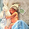 newborn, baby, sleeping, infant, portrait, bear_hat, knit_hat, plush_bunny, stuffed_animal, blanket, blue_blanket, furry_bedding, milestone_card, nursery, cozy, lying_down, peaceful, cute, indoor, photography