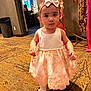 Camaria joined the competition — help win amazing prizes! toddler, child, dress, headband, indoor, carpet, floor, lighting, decoration, person, cute, fashion, walking, young_child, celebration, party, female, white_tights, bow, holiday
