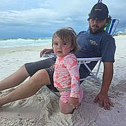 Addeline is registered to the contest to win money with this photo: toddler, child, man, beach, sand, ocean, waves, umbrella, beach_chair, swimsuit, shorts, hat, cloudy_sky, person, relaxing, summer, vacation, outdoor, toy, starfish_shaped_sand_mold