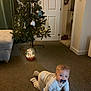 Austin joined the competition — help win amazing prizes! baby, pacifier, crawling, carpet, christmas_tree, ornaments, lights, indoor, holiday, decoration, door, furniture, living_room, child, person, floor, curtains, home, cozy, festive