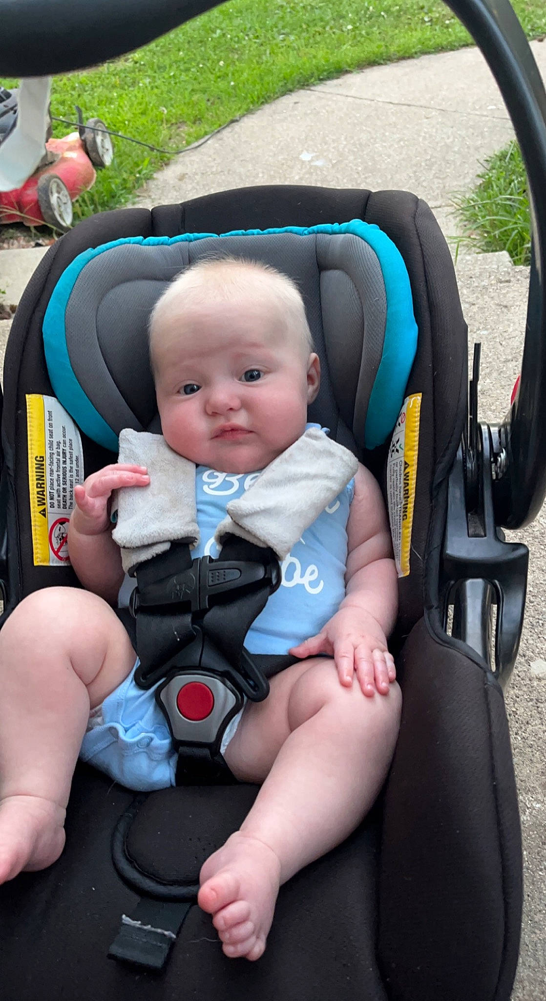 Katie joined the competition — help win amazing prizes! baby, baby_carriage, baby_products, baby_toddler_clothing, car_seat, child, comfort, facial_expression, fun, green, knee, lap, leisure, person, plant, recreation, sitting, skin, thigh, toddler