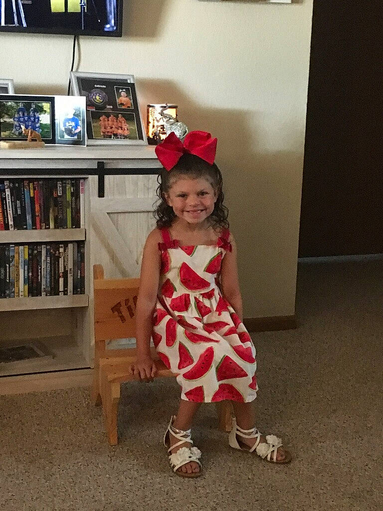 Gabby joined the competition — help win amazing prizes! child, costume, dress, fawn, floor, joy, person, room, shoe, snapshot, standing, toddler