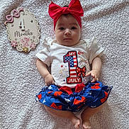 Valery joined the competition — help win amazing prizes! baby, infant, child, headband, red_bow, white_shirt, blue_skirt, 4_months_sign, milestone, blanket, patterned_clothing, patriotic, stars, fireworks_print, cute, lying_down, decor, celebration, portrait, indoors