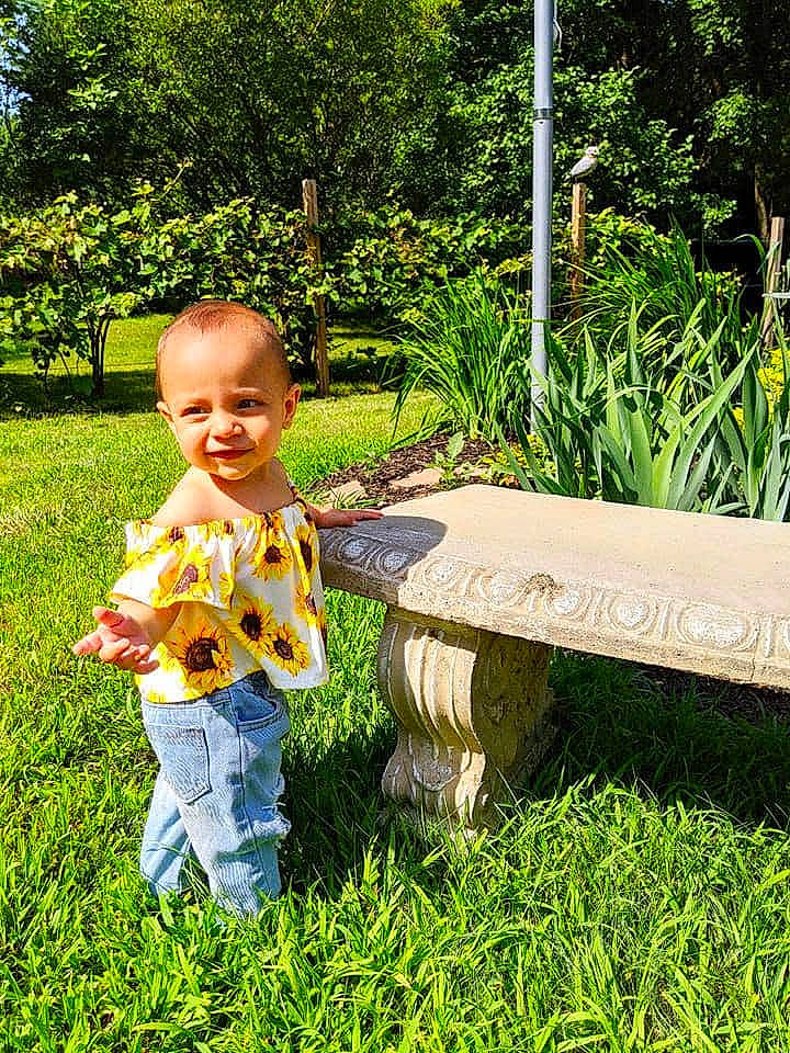 Sunnie joined the competition — help win amazing prizes! botany, butterfly, child, garden, grass, grass_family, green, happy, joy, lawn, leaf, person, plant, play, shrub, sitting, spring, summer, toddler, tree