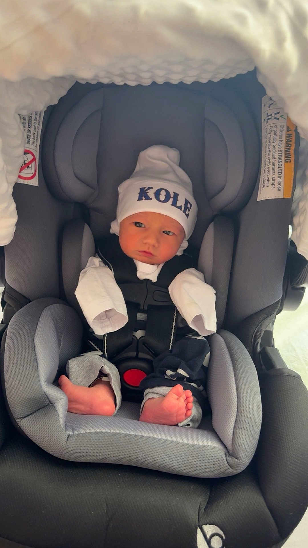 Kole joined the competition — help win amazing prizes! baby, newborn, infant, car_seat, baby_hat, face, hands, feet, toes, buckle, harness, blanket, canopy, seat_padding, clothing, portrait, cute, indoor, soft_texture, resting