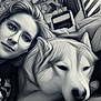 Taho a rejoint le concours — aidez-le/la à gagner de superbes lots ! woman, glasses, dog, husky, pet, face, portrait, lying_down, relaxation, indoor, cozy, couch, companion, black_and_white, stylized, artistic_filter, closeup, friendly, calm, home