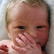 Josiah joined the competition — help win amazing prizes! baby, newborn, closeup, hand, face, skin, blonde_hair, infant, portrait, cute, soft_light, towel, newborn_skin, small_fingers, sleepy, wrapped, child, person, baby_hand, expression