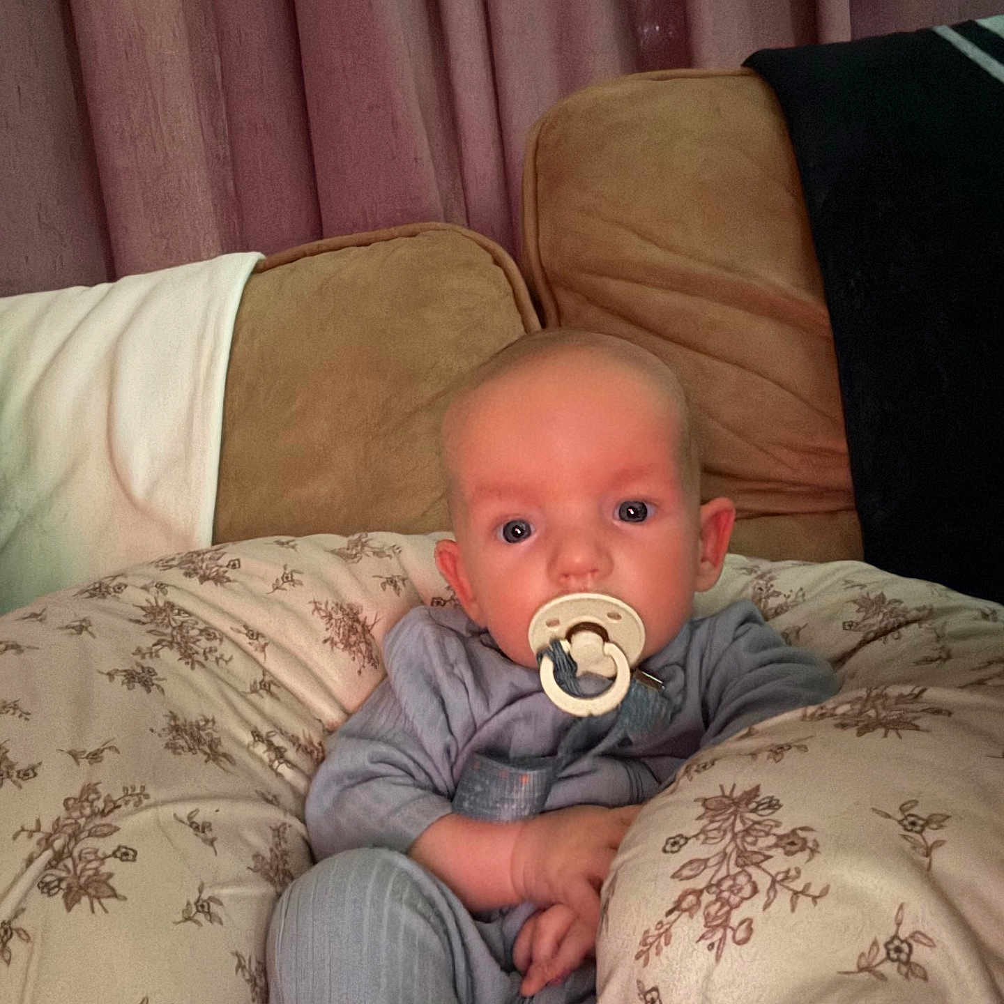 Wesley is registered to the contest to win money with this photo: baby, bed, bedroom, clothing, couch, crib, cushion, face, furniture, head, homedecor, indoors, infantbed, pants, person, photography, pillow, portrait, room, sitting