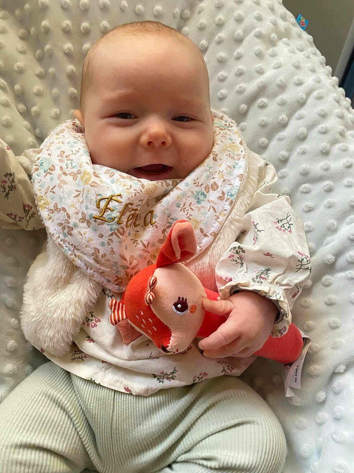 éléna participe au concours pour gagner de l'argent avec cette photo : baby, child, infant, smiling, bib, plush_toy, blanket, clothing, floral, cute, soft_texture, hand, face, person, indoors, cozy, pastel_colors, happy, sitting, portrait