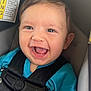 baby, black_straps, blue_shirt, car_seat, child, closeup, cute, expression, face, happiness, head, indoors, infant, mouth_open, person, safety_harness, seatbelt, skin, smiling, young