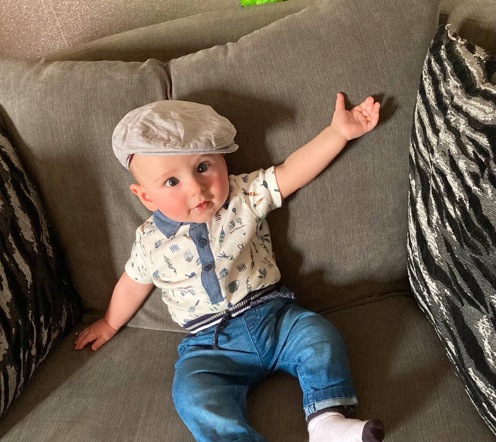 Gabriel joined the competition — help win amazing prizes! baby, baby_toddler_clothing, beauty, cap, child, comfort, cool, fashion, flash_photography, happy, headgear, headwear, linens, pattern, person, sitting, sleeve, t_shirt, textile, toddler