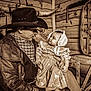 Alessia Reign is registered to the contest to win money with this photo: baby, child, cowboy, woman, vintage_clothing, sepia, smile, hat, leather_jacket, bonnet, dress, rustic, wooden_wall, wagon_wheel, facial_expression, holding, portrait, indoor, historical, family