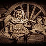 Alessia Reign is registered to the contest to win money with this photo: antique, baby, child, cute, decor, doll, fabric, flowers, headwear, indoors, nostalgic, person, portrait, sepia_tone, sitting, smiling, toy, vintage_clothing, wagon_wheel, wooden_bench