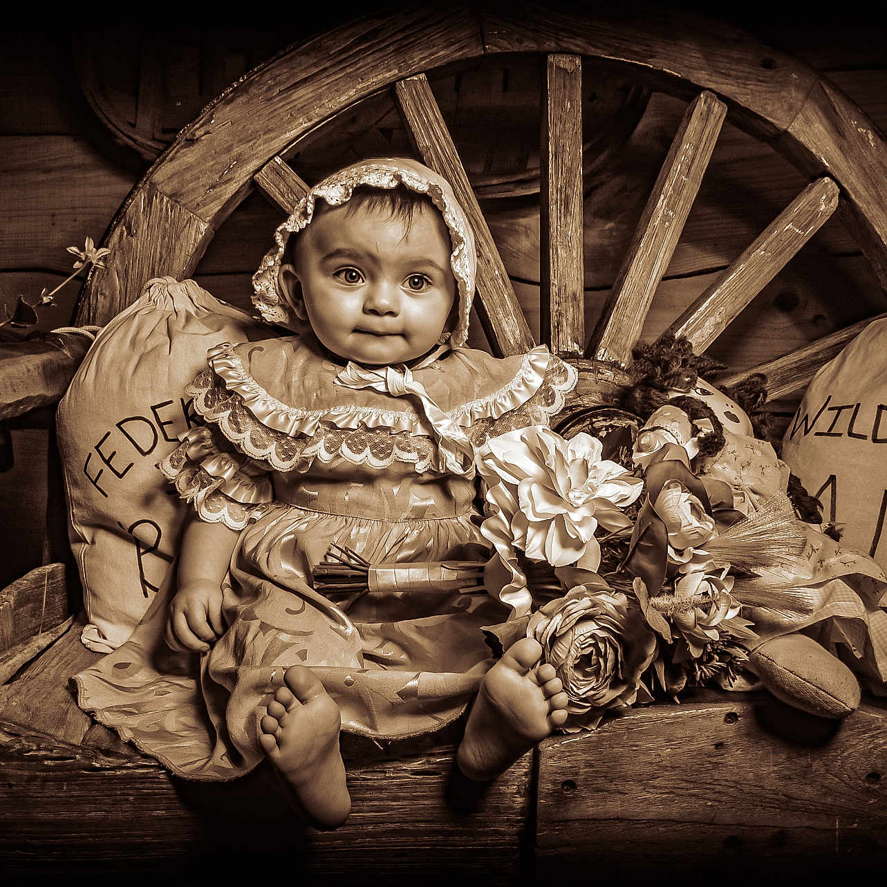 Alessia Reign joined the competition — help win amazing prizes! baby, bare_feet, bonnet, child, cute, decor, dress, flower, indoor, old_west, person, pillow, portrait, rustic, sepia_tone, smiling, stuffed_doll, vintage_clothing, wagon_wheel, wooden_bench