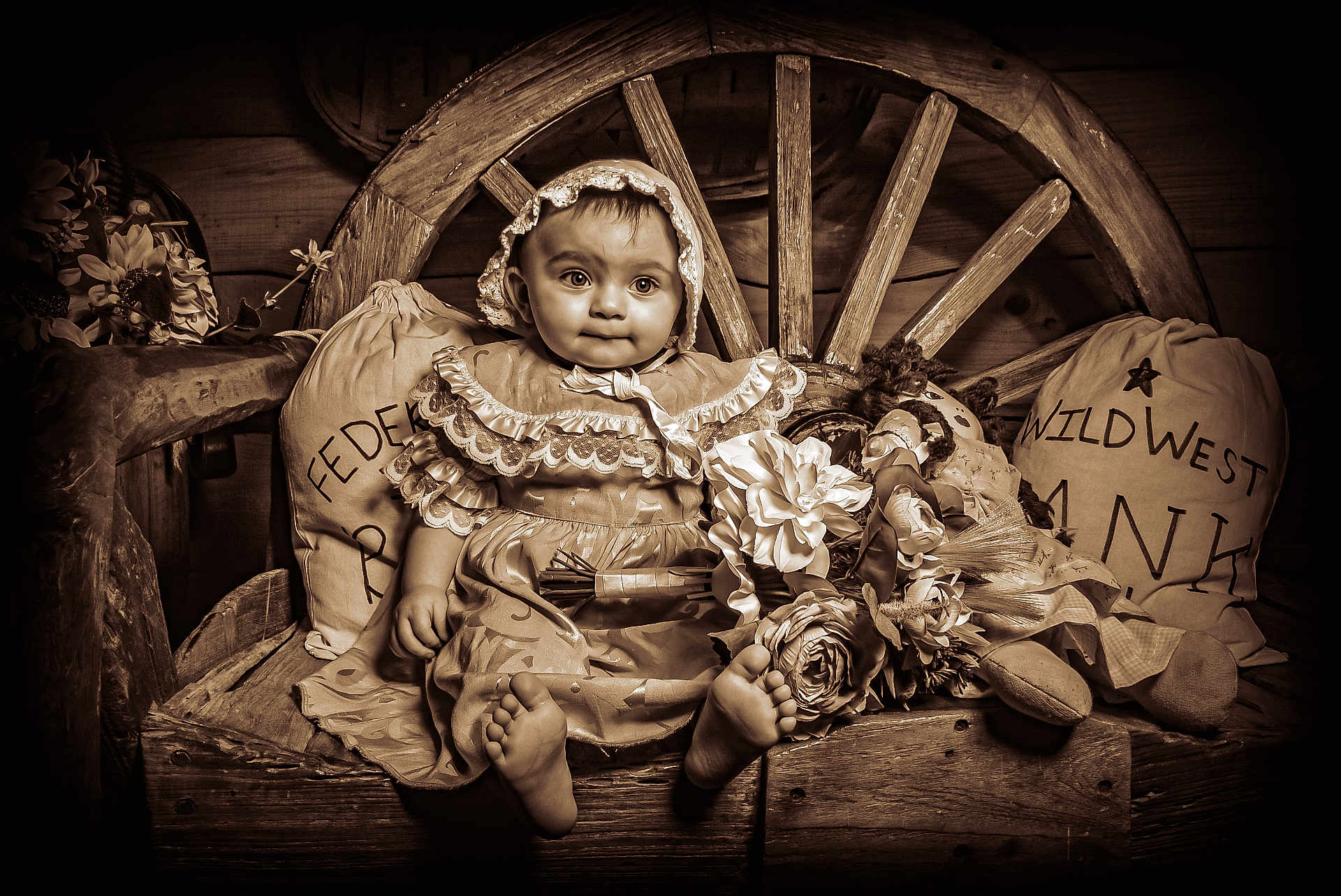 Alessia Reign joined the competition — help win amazing prizes! baby, child, vintage_clothing, bonnet, dress, wooden_bench, wagon_wheel, sepia_tone, pillow, stuffed_doll, flower, smiling, bare_feet, indoor, portrait, old_west, rustic, cute, decor, person