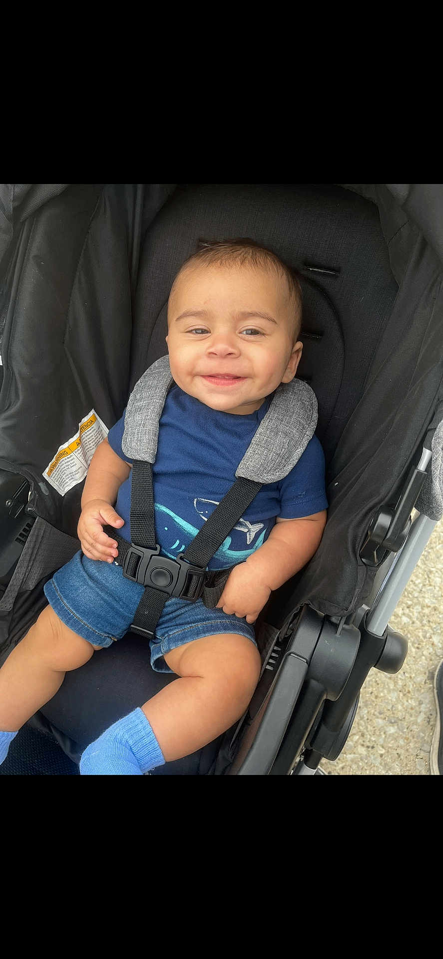 Bryan joined the competition — help win amazing prizes! baby, child, smiling, stroller, seatbelt, blue_shirt, denim_shorts, blue_socks, infant, harness, cute, portrait, outdoor, seat, happy, young_child, baby_clothes, baby_boy, person, casual
