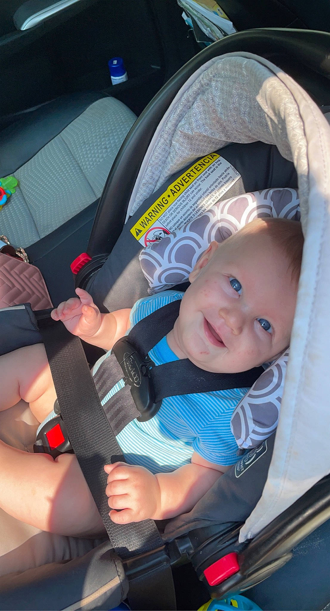 Apollos joined the competition — help win amazing prizes! auto_part, baby, baby_carriage, baby_in_car_seat, baby_products, baby_toddler_clothing, car_seat, car_seat_cover, child, comfort, electric_blue, person, seat_belt, service, sitting, smile, steering_wheel, thumb, toddler, vehicle_door
