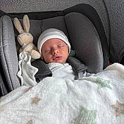 Elior Jouët a rejoint le concours — aidez-le/la à gagner de superbes lots ! baby, newborn, sleeping, car_seat, blanket, plush_toy, bunny, hat, infant, cozy, child, soft, cute, indoors, resting, comfort, fabric, star_pattern, peaceful, nap