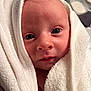 baby, infant, face, eyes, skin, towel, white, soft, closeup, portrait, newborn, wrapped, cute, child, person, expression, indoors, warm, texture, cozy