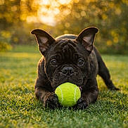 Frankie is registered to the contest to win money with this photo: dog, french_bulldog, tennis_ball, grass, outdoor, sunset, bokeh, pet, animal, playing, cute, black_dog, closeup, lying_down, nature, summer, sunlight, ears, face, adorable