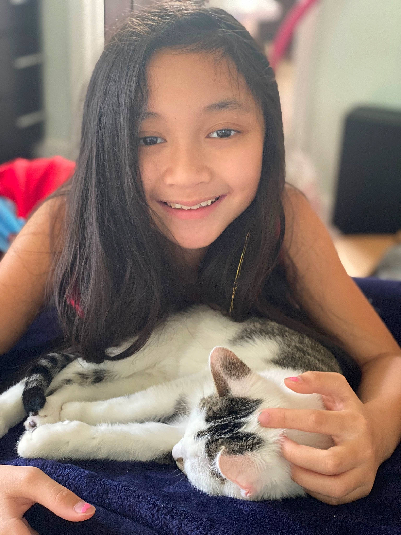 Leila is registered to the contest to win money with this photo: black_hair, carnivore, cat, comfort, eye, eyebrow, eyelash, fawn, felidae, finger, hair, hand, happy, head, joy, leg, mammal, mouth, nose, person