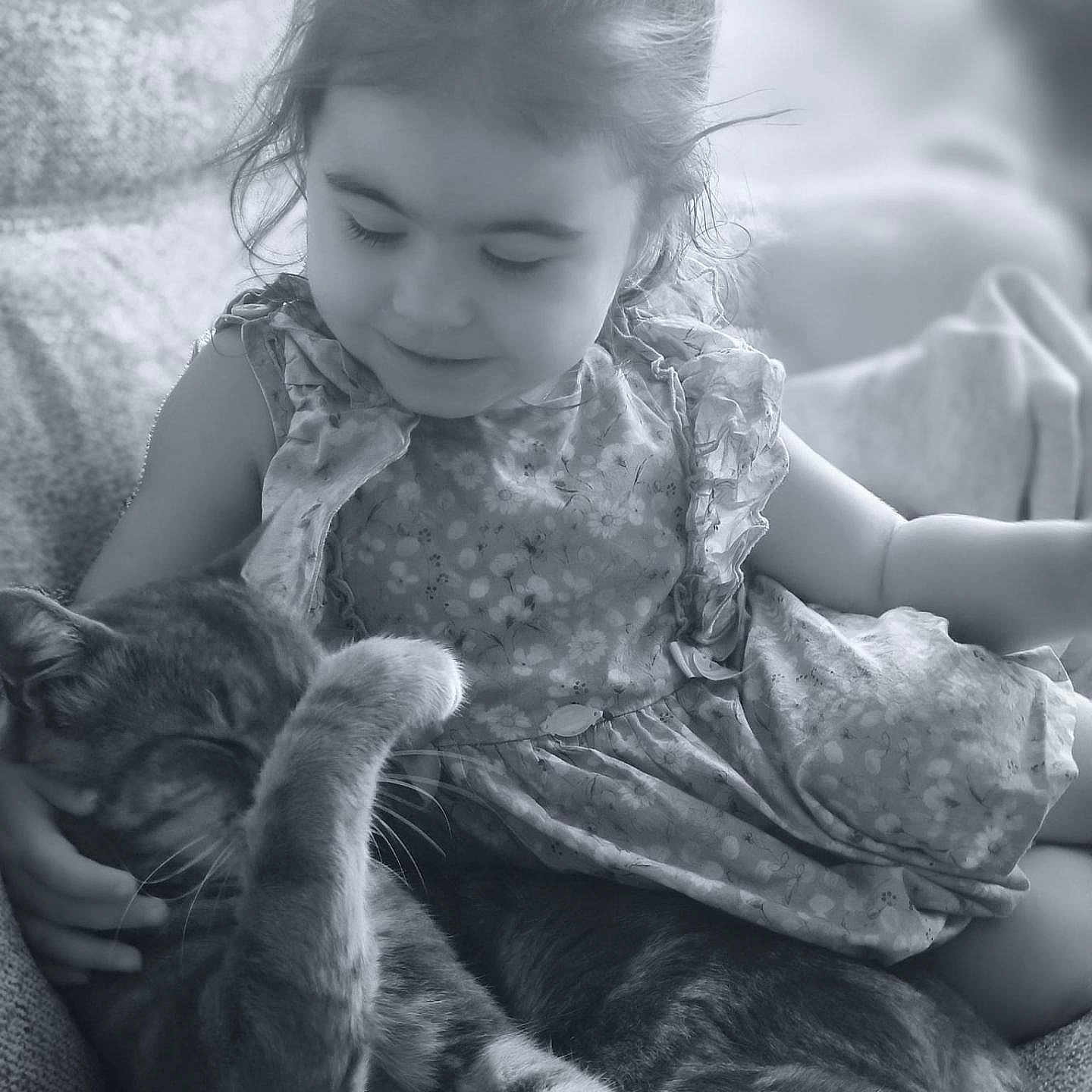 Samba a rejoint le concours — aidez-le/la à gagner de superbes lots ! child, cat, couch, smile, black_and_white, indoor, cute, pet, girl, animal, cozy, affection, young, relaxing, casual_clothing, furniture, nap, comfort, home, tenderness