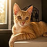 animal, cat, closeup, curious_eyes, cute, domestic_cat, ears, feline, fur, indoor, mammal, orange_tabby, pet, portrait, relaxed, resting, sunlight, warm_light, whiskers, window