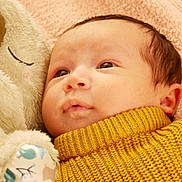 Luna participe au concours pour gagner de l'argent avec cette photo : baby, child, closeup, cozy, cuddle, cute, face, indoor, infant, knit_sweater, mustard_yellow, newborn, pink_blanket, plush_toy, portrait, resting, sleepy, soft_texture, stuffed_animal, warm_colors