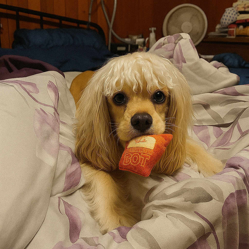 Sandy is registered to the contest to win money with this photo: animal, bed, blanket, brown, comfort, cozy, cute, cute_pet, dog, ears, face, fluffy, home, indoor, looking, pet, plush_toy, resting, toy, white