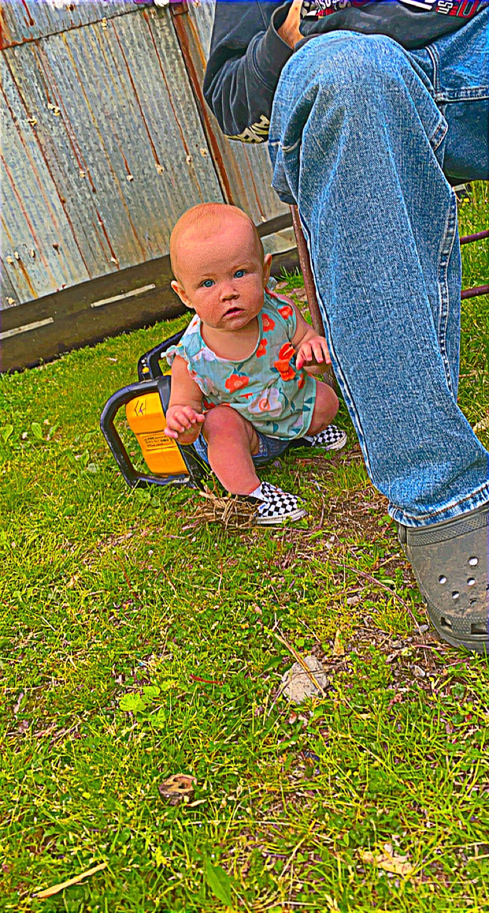 Baelynn is registered to the contest to win money with this photo: baby, baby_toddler_clothing, child, flooring, foot, fun, grass, groundcover, hand, human_leg, lawn, leg, leisure, people_in_nature, person, plant, shoe, sitting, sneakers, tints_and_shades