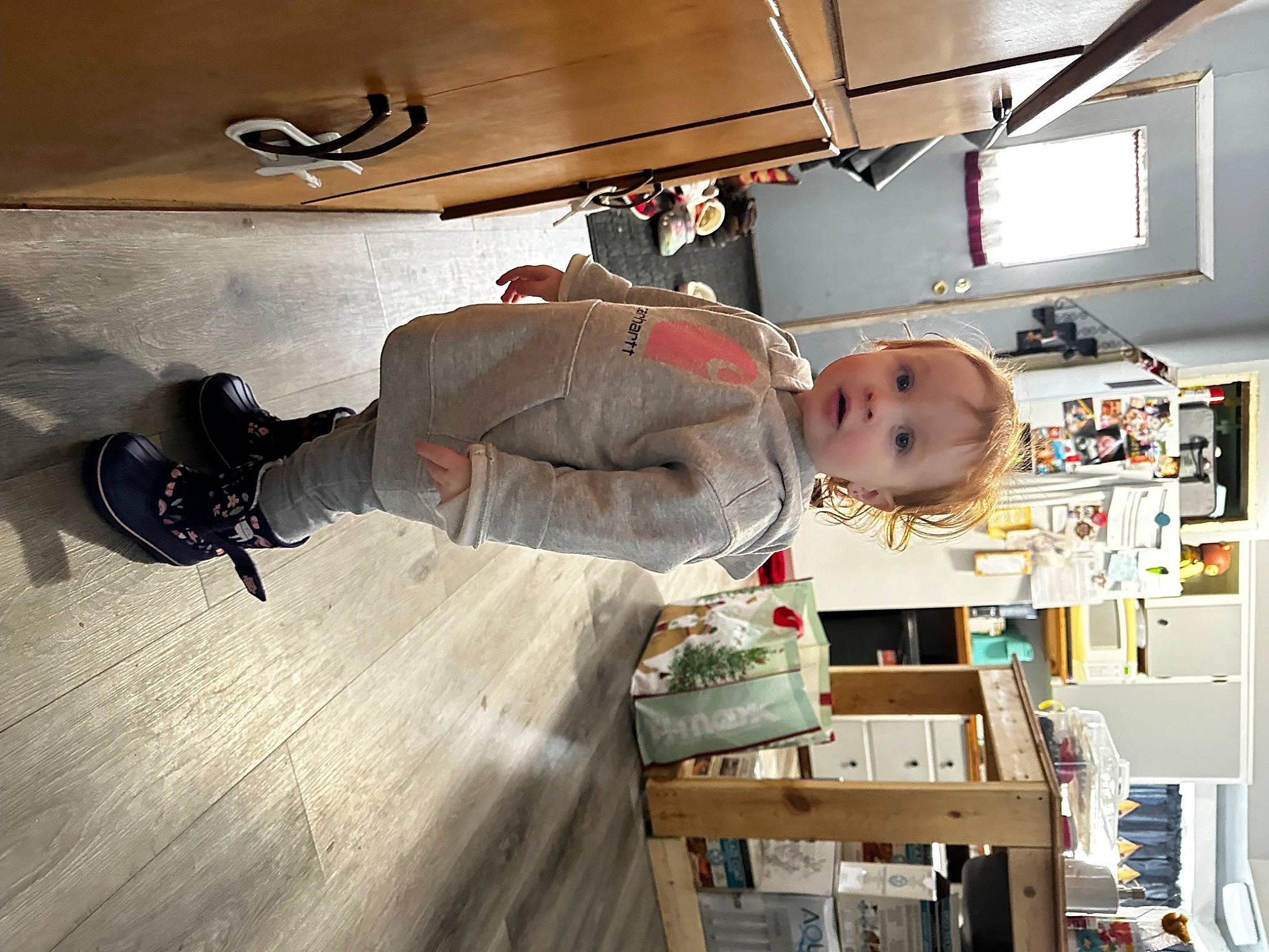 Wrenley joined the competition — help win amazing prizes! baby, box, building, ceiling, child, flooring, fun, hardwood, house, machine, person, room, shelving, shipping_box, surprise, toddler, wood, wood_flooring