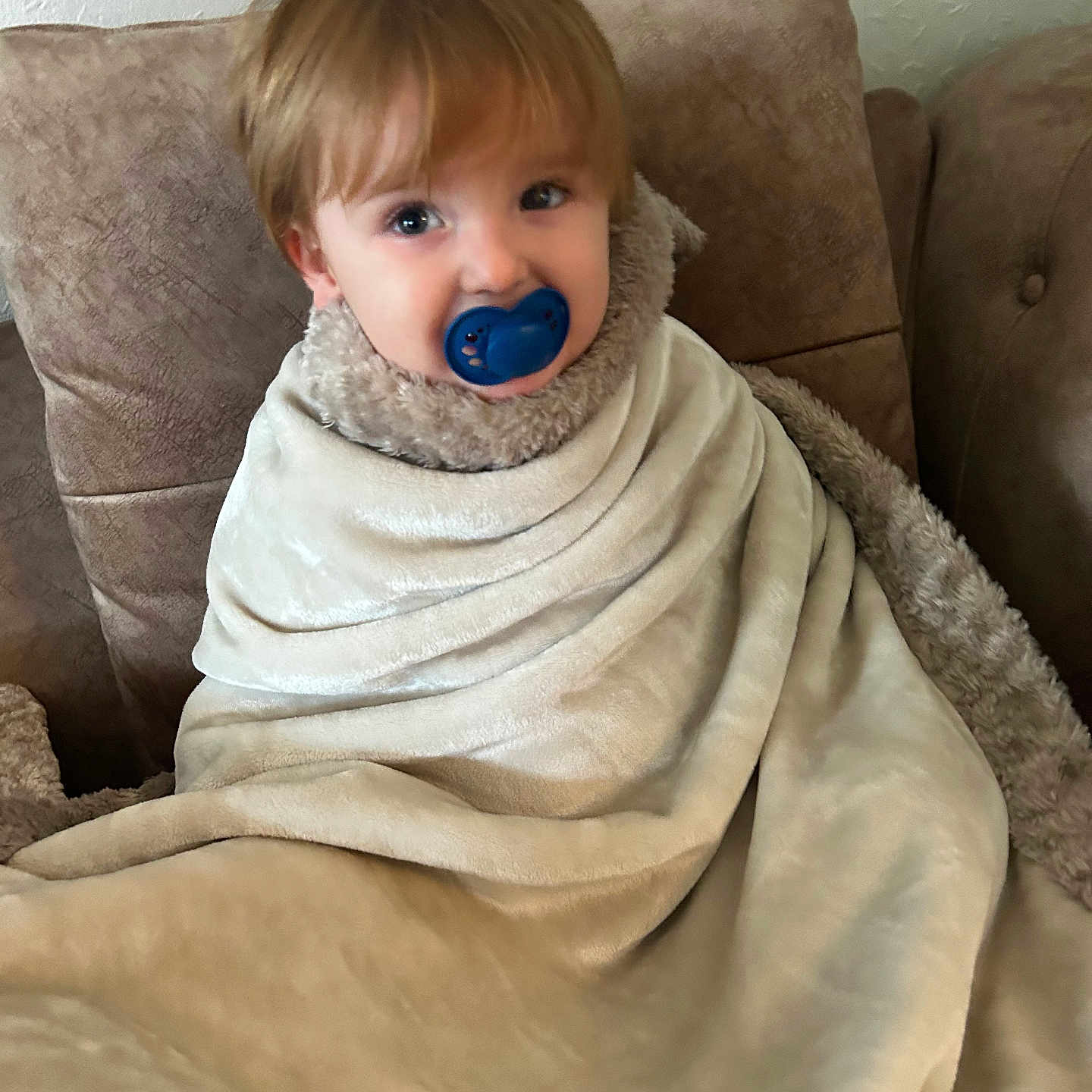 Louie joined the competition — help win amazing prizes! baby, beige, blanket, brown, child, comfort, couch, cozy, cute, face, furniture, home, indoor, pacifier, portrait, seated, soft_texture, toddler, wrapped, young_child